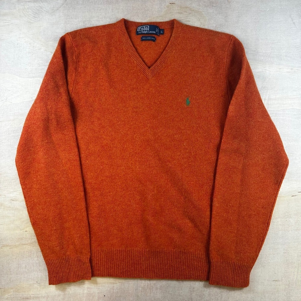 Polo Ralph Lauren Mens Orange 100% Lambswool V-Neck Sweater Large Pony Logo